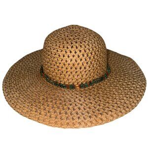 Target Womens Sunhat Beige Straw Wide-Brim Green Bead Trim Classic Boho Beachy